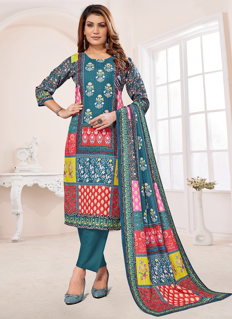 Buy Blue Muslin Printed Casual Wear Readymade Salwar Suit Online From Surat Wholesale Shop